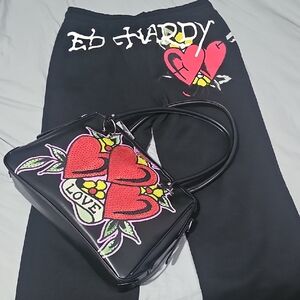 Ed Hardy Black Shoulder Bag with Red Heart Graphic